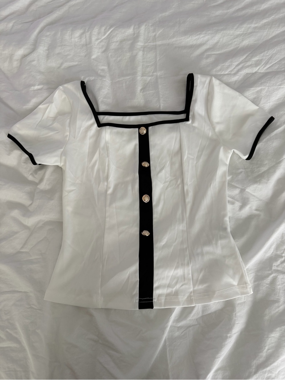 SHEIN White Square Neck Top with Black Trim and Center Button Placket size M